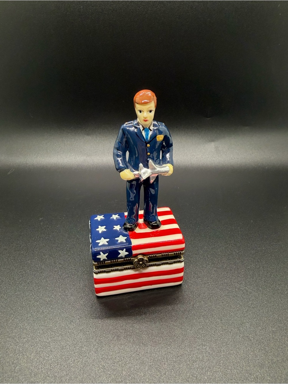 Air Force Ceramic Hinged Trinket Box On American Flag With Jet Airplane Trinket